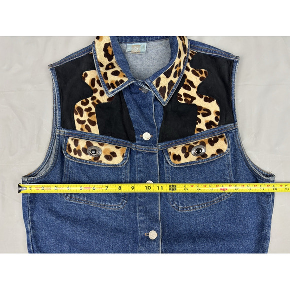 Vintage Y2K Denim & Leather Vest XL Animal Print Leopard Western Cowboy Festival - Picture 3 of 12